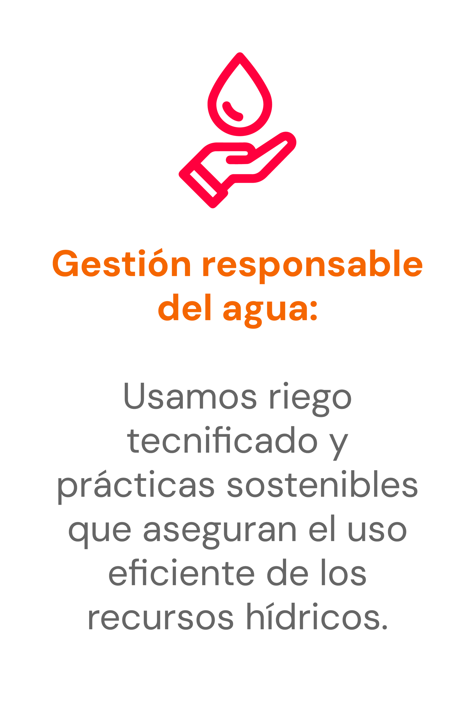 Gestión responsable del agua: Usamos riego tecnificado y practicas sostenibles, que con la ayuda de plataformas especializadas aseguramos la eficiencia de los recursos hidricos y nutrientes que los arboles necesitan.